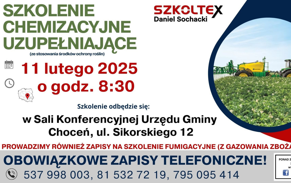 Zdjęcie do Szkolenie z zakresu stosowania środk&oacute;w ochrony roślin (szkolenie chemizacyjne) dla mieszkańc&oacute;w gminy CHOCEŃ