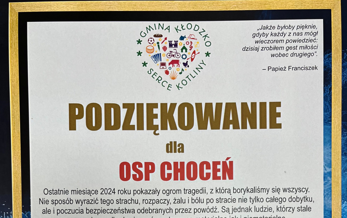 Zdjęcie do Podziękowanie od Gminy Kłodzko dla OSP Choceń